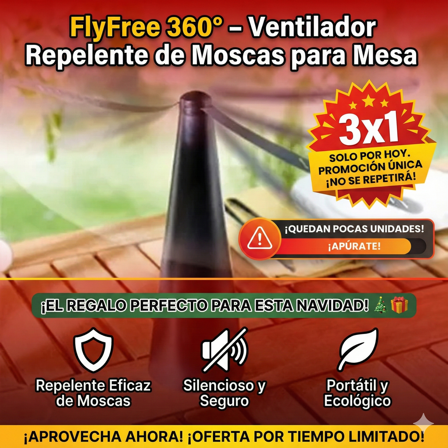 🪴 FlyFree 360° – Ventilador Repelente de Moscas para Mesa
